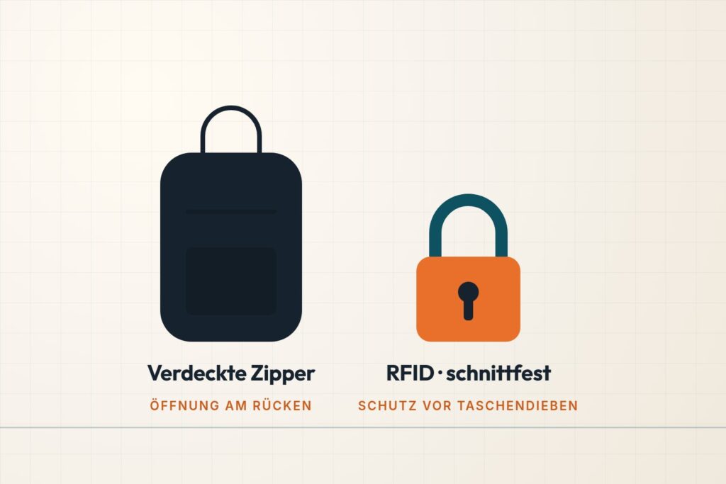 Infografik: Anti-Diebstahl-Rucksack mit verdecktem Reißverschluss und Schloss