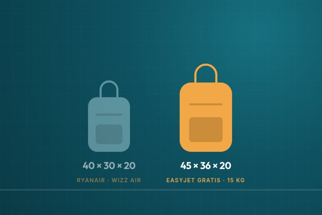 Infografik: easyJet-Handgepäck 45 × 36 × 20 cm im Vergleich zu anderen Maßen