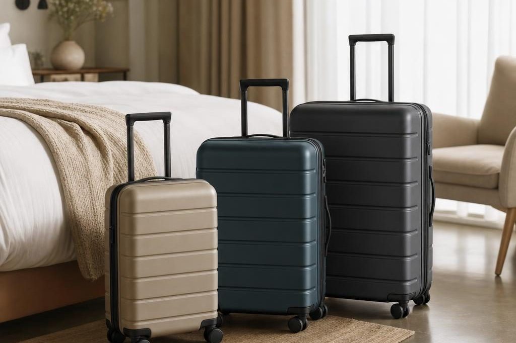 Großer Hartschalenkoffer steht in einem hellen Hotelzimmer