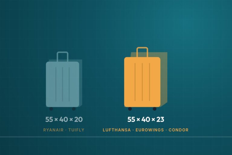 Infografik: Handgepäck-Koffer 55 × 40 × 20 cm und 55 × 40 × 23 cm im Größenvergleich