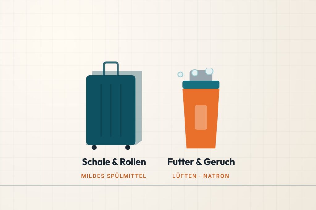 Infografik: Koffer reinigen – Schale, Rollen, Futter und Geruch