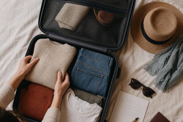 Offener Koffer mit ordentlich gepackter Kleidung, Reisepass und Checkliste