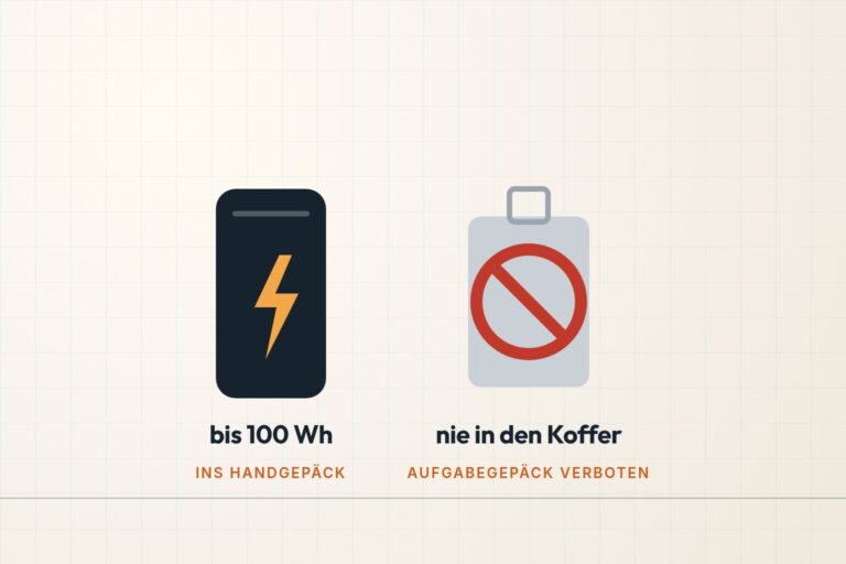 Infografik: Powerbank im Handgepäck bis 100 Wh erlaubt, im Koffer verboten