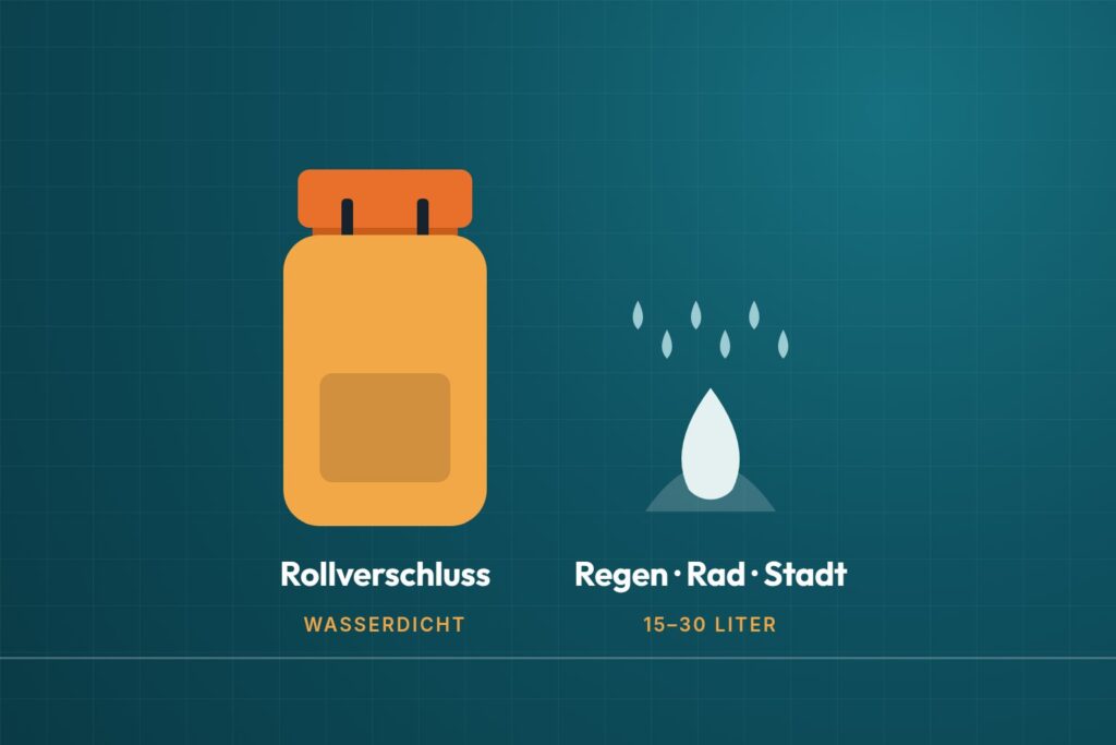 Infografik: Rolltop-Rucksack mit eingerolltem Verschluss und Regentropfen