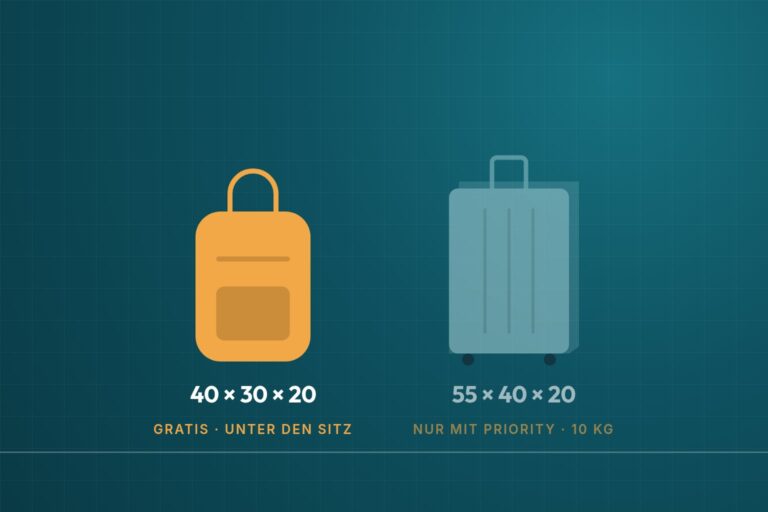 Infografik: Ryanair Handgepäck 40 × 30 × 20 cm gratis und 55 × 40 × 20 cm mit Priority