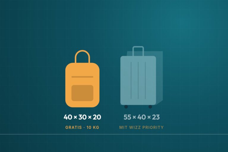 Infografik: Wizz Air Handgepäck 40 × 30 × 20 cm gratis und 55 × 40 × 23 cm mit Priority