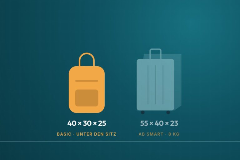 Infografik: Eurowings Handgepäck 40 × 30 × 25 cm im BASIC-Tarif und Trolley 55 × 40 × 23 cm ab SMART
