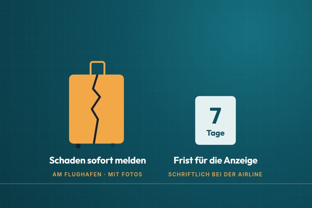 Infografik: Koffer beschädigt – Schaden sofort am Flughafen melden, Frist 7 Tage