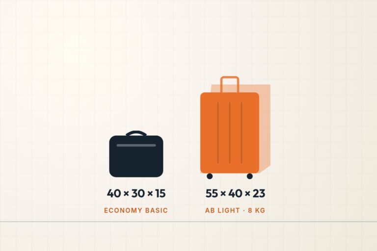 Infografik: Lufthansa Handgepäck 40 × 30 × 15 cm in Economy Basic und Trolley 55 × 40 × 23 cm ab Economy Light
