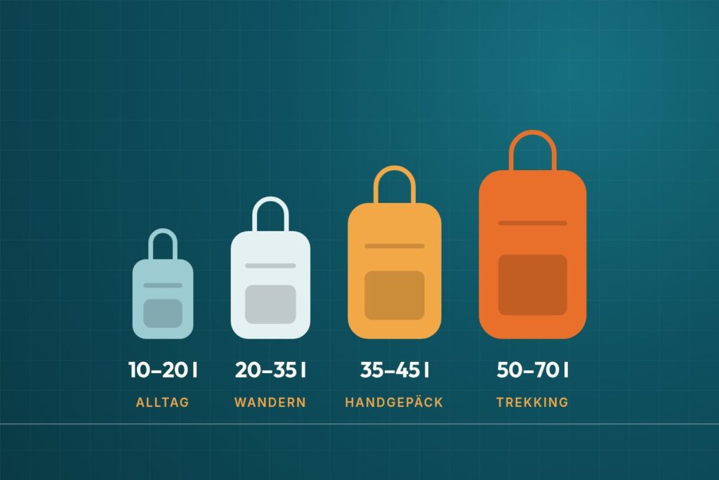 Infografik: Rucksack-Größen von 10 bis 70 Litern für Alltag, Wandern, Handgepäck und Trekking