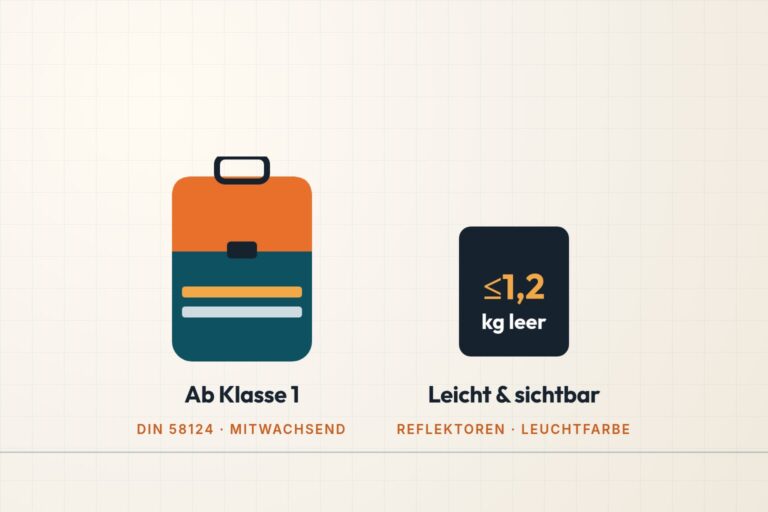Infografik: Schulranzen für die 1. Klasse – DIN 58124, mitwachsend, leer höchstens 1,2 kg